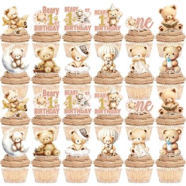 Imagem de Hokinaa Beary First Birthday Decorations - 24 Pcs Cute Bear 1st Birthday Cupcake Toppers, Brown Happy One Year Old Party Cup Cake Topper, Photo Background Decor Supplies for Boys Girls Baby Kids