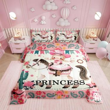 Imagem de Erosebridal Conjunto de cama de solteiro, cowgirl rosa, cavalo de fazenda ocidental, edredom para meninas, crianças, adolescentes, chapéu de vaqueira, decoração de quarto, cacto floral, decoração de