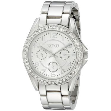 Imagem de Accutime XOXO Relógio analógico feminino com caixa prateada, bisel com inserção de cristal, mostrador de raios solares prateados - relógio feminino XOXO oficial, pulseira de elos com fecho de botão de pressão - Modelo: XO172, Prata, Relógio analógico