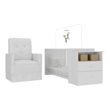 Imagem de Berço Cômoda Com Colchão Incluso E Poltrona De Amamentação Meu Bebê Multimóveis Mp4096 Branco Branco