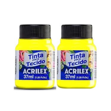 Imagem de Kit Com 2 Tintas Para Tecido Fluorescente Neon Acrilex 37ml Azul Vermelho Maravilha Verde Ouro Limão Fixação a Frio e Alta Cobertura Recomendado Para Tecidos De Algodão Sem Goma É Ideal Para Customização De Roupas, Decoração E Outras Aplicações Artísticas (Amarelo Limão 102)