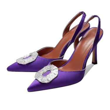 Imagem de Vertundy Sandália feminina de cetim com strass e salto alto, bico fino, cetim, cristal, salto alto, festa, casamento, noiva, sapato social, Roxa, 37