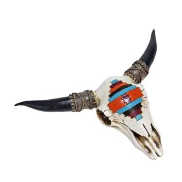 Imagem de Bothyi Decoração de parede com caveira de cabeça de vaca artificial, estatueta de cabeça de boi falsa, arte para pendurar para lareira de inauguração, sala