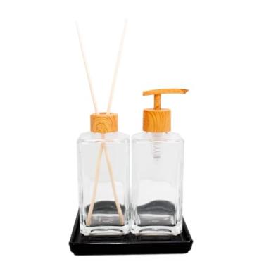 Imagem de Conjunto Kit Lavabo Transparente Madeira Saboneteira Difusor Bandeja Linha Premium