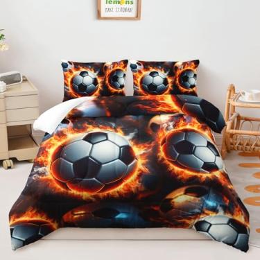 Imagem de AILONEN Conjunto de edredom de futebol 3D, tamanho casal, futebol de fogo, para meninos e adolescentes, tema esportivo de futebol, microfibra para decoração de quarto, 1 Qulit e 2 fronhas, 3 peças