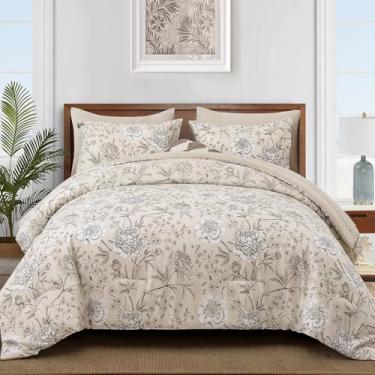 Imagem de Yiran Conjunto de edredom com 7 peças, bege, folhas king size, botânico, microfibra macia, floral, 2 fronhas, 2 fronhas, 1 lençol de cima e 1 lençol com elástico 264 x 224 cm