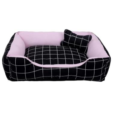 Imagem de Cama Caminha Pet para Cachorro ou Gato Médio 60cm x 47cm Lavável com Fundo Impermeável + Ossinho (Xadrez Rosa Bebe)
