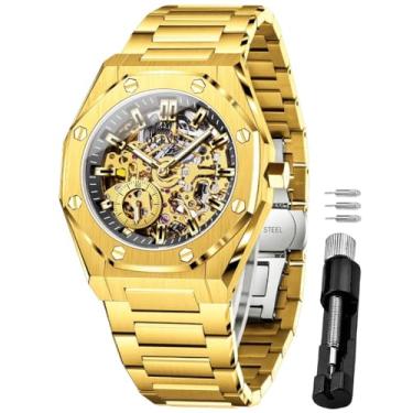 Imagem de OLEVS Relógios de pulso masculinos esqueleto automáticos, mecânicos, à prova d'água, luxuosos, de aço inoxidável, luminosos, 6669: pulseira dourada e mostrador dourado