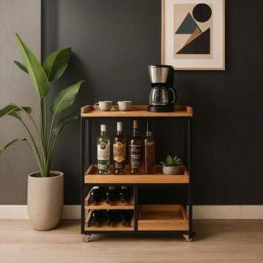 Imagem de Carrinho Aparador Adega Bar Café Madeira Maciça Industrial - Treearbor