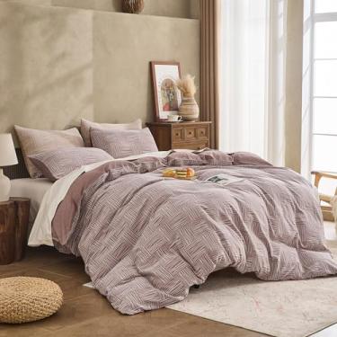 Imagem de Simple&Opulence Capa de edredom 100% algodão, tamanho Queen, conjunto de 3 peças de capa de edredom com listras quadriculadas com 7 laços internos e fecho de zíper, conjunto de cama macio e respirável
