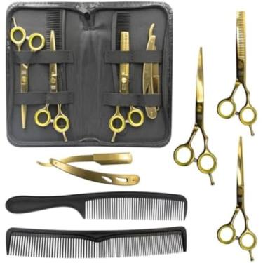 Imagem de Kit 3 Tesouras Barbeiro Cabeleireiro Barba Cabelo Profissional com Navalhete(Dourado)
