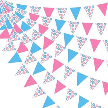 Imagem de Decorações de festa de aniversário de desenho animado rosa azul havaiano hibisco flor triângulo bandeira flâmula tecido guirlanda para luau Havaí tropical Ohana chá de bebê revelação de gênero