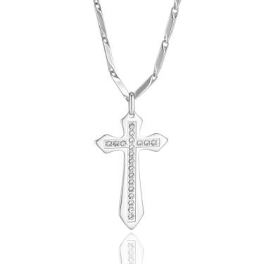 Imagem de Colar de cruz de prata para homens e mulheres, corrente de aço inoxidável e pingente de crucifixo cristão católico Jesus religioso joia presente, Large, Latão, Sem Pedra Preciosa