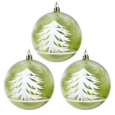 Imagem de Jogo 3 Bolas Natal Verde Decorada Translúcida Pinheiro Nevado 10cm - Magizi