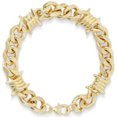 Imagem de LuxGoth Pulseira de corrente de arame farpado de aço inoxidável com elos cubanos grossos, estilo gótico, punk rock, motociclista, vintage, viking, amêndoas, para homens e mulheres, ouro GTS-B1B45052