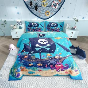 Imagem de Conjunto de edredom solteiro com desenho animado de barco pirata, polvo, oceano, peixe, decoração de quarto, divertido mundo submarino, conjunto de colcha para crianças, meninos, meninas, aquarela
