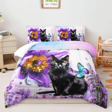 Imagem de AILONEN Conjunto de edredom de gato preto, tamanho solteiro, roxo, floral, para crianças, meninas, 3 peças, estampa de animais aquarela, com 2 fronhas