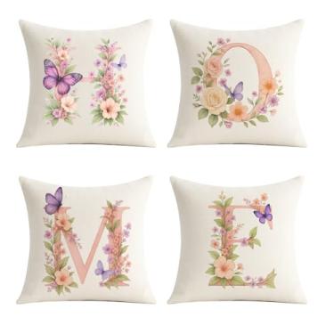 Imagem de ZJRUI Conjunto de 4 capas de almofada decorativas alfabeto letras flores capas de almofada 45,7 x 45,7 cm protetores de travesseiro quadrados para sofá sofá quarto carro cadeira decoração de casa