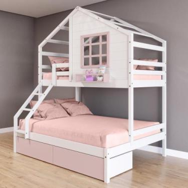 Imagem de Beliche Casinha com Janela Casal/Solteiro 02 Gavetas Rosa Madeira Maci