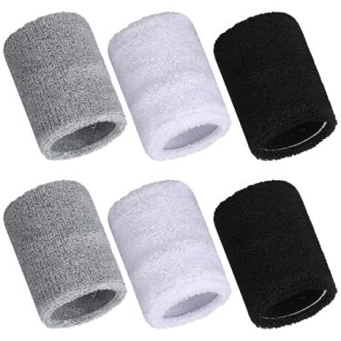 Imagem de 6 pulseiras esportivas esportivas absorventes de pulso para crianças, mulheres e homens, faixa de suor para tênis, basquete, futebol, corrida, ginástica, golfe, malhar (preto, branco, cinza)