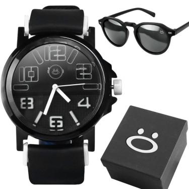 Imagem de Relogio Masculino Aço Inoxidável Preto + Oculos Sol + Caixa Preto Pesado Silicone Presente Ponteiro