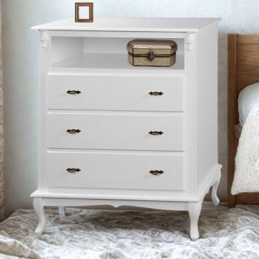 Imagem de Cômoda Rústica Com 3 Gavetas E Nicho Pés Luiz Xv - Branco Laca