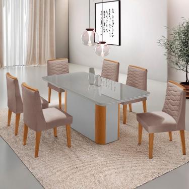 Imagem de Mesa De Jantar Isadora 180cm Tampo Mdf Vidro Com 6 Cadeiras Linho Capuccino Off Naturale Serigrafia