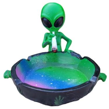 Imagem de Cinzeiro de charuto Halloween engraçado alienígena fumar cinzeiro de mesa resina multicolorida redonda fantasia excêntrica cinzeiro com borda elevada para escritório em casa (alienígena verde)