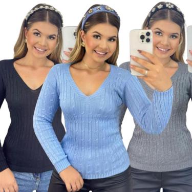 Imagem de Kit 3 Blusas Industrie Femininas Suéter Malha Tricô Manga Longa-Feminino