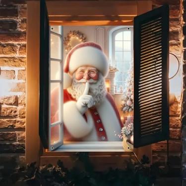 Imagem de BlissYard Capa de janela de Natal, 78 x 129 cm, Papai Noel, ambientes internos, faixa de janela, janela meio aberta, decoração de árvore, painel de parede com luz quente, decoração de foto de festa de