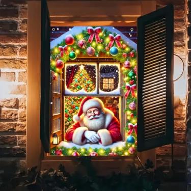 Imagem de BlissYard Capa para janela de Natal, 78 x 128 cm, terno vermelho, painel de janela de neve, pano de fundo de poliéster para decoração de casa, decoração de casa, exibição de fotos sazonais