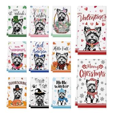 Imagem de QIONG MENG 11 peças de toalhas de cozinha Yorkshire terrier 35,5 x 53,3 cm, toalhas de prato para cachorro, presente sazonal, dia dos namorados, toalhas de mão para casa, cozinha, banheiro, decoração