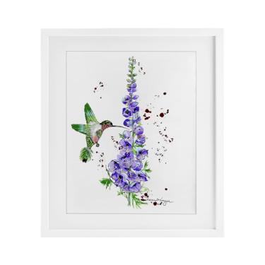 Imagem de Stupell Industries Impressão emoldurada branca Delphiniums and Beija-flor sob o vidro por Susan Lugar, 40,6 x 33,5 cm