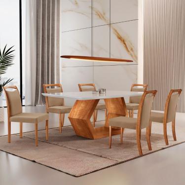 Imagem de Mesa Ane 180 Tampo Com Vidro Laqueado Com 6 Cadeiras Livia Linho Palha Imbuia Natural Off White
