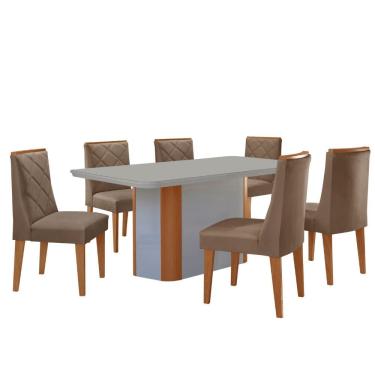 Imagem de Mesa Jantar Isadora 180cm 6 Cadeiras Isadora Moderna Mobília Veludo Capuccino Off White Naturale