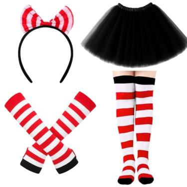Imagem de Maiteenly Conjunto de 4 peças de acessórios de fantasia de Halloween para mulheres, meias listradas, luvas elásticas, saia tutu de tule, listrada, faixa de cabeça para Halloween, anos 80, cosplay