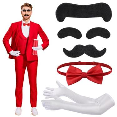 Imagem de Mepase As fantasias de Halloween incluem 1 gravata borboleta vermelha, 1 sobrancelha preta, 1 barba de Dubai, 1 luva branca, acessórios engraçados para fantasia de Halloween para homens e mulheres