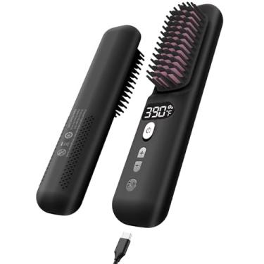 Imagem de Escova alisadora de cabelo sem fio – Alisador de cabelo portátil para viagens, escova de alisamento sem fio com tela de LED para mulheres, mini escova quente com 9 temperaturas ajustáveis