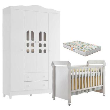 Imagem de Berço Americano Mirelle E Guarda Roupa New Selena 4 Portas Branco Brilho Com Colchão Gazin – Carolina Móveis