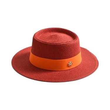 Imagem de Chapéu De Sol De Palha De Verão Feminino Aba Plana Fita Boné De Praia 