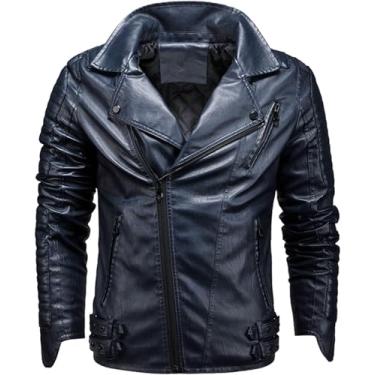 Imagem de Jaqueta De Couro Pu Falso Masculina Casual Jaqueta De Motocicleta De Couro Sintético Casaco De Agasalhos Com Bolsos Com Zíper Casual Vintage Quente Inverno, Blue, M