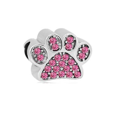 Imagem de BlingNuts Berloque cintilante de outubro com estampa de pata serve para pulseiras Pandora para presente para amantes de cães e gatos, aniversário, rosa, zircônia cúbica