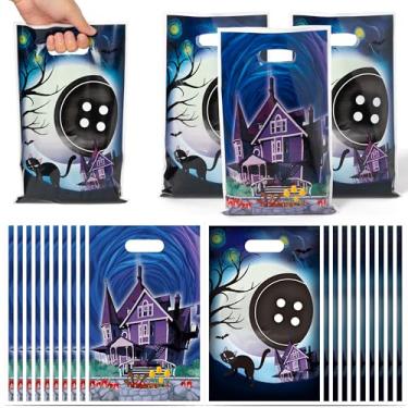 Imagem de BOpusail Bolsa para noite estrelada de Halloween - 50 peças de sacolas de doces de festa de terror assustadora com estampas de casa de gato com alças de plástico para lanches, sacolas de presente para