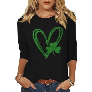 Imagem de Camisa Peugryu St Patrick's Day Shamrock Clover feminina de manga 3/4