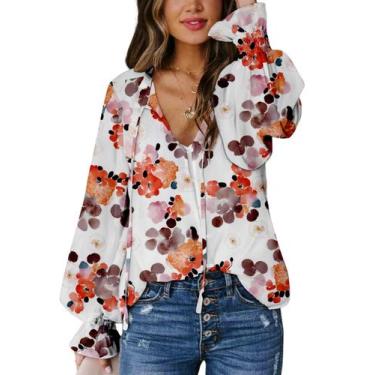Imagem de Blusa feminina Biucly, manga comprida, decote em V, com botões, floral
