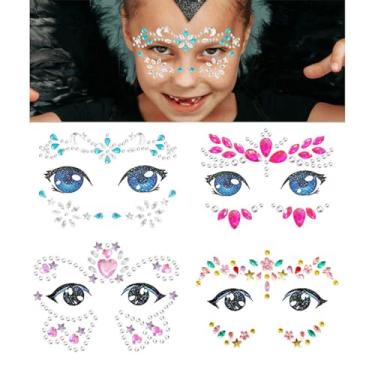 Imagem de Joias para o rosto do festival infantil – Pacote com 4 adesivos brilhantes e tatuagens temporárias de cristal – Maquiagem divertida de strass para meninas para Halloween, aniversário, Natal e
