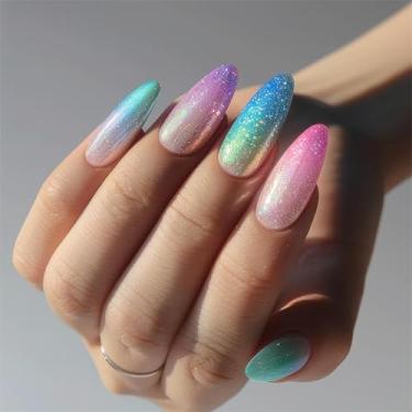 Imagem de RTKHFZE Unhas coloridas médias em formato de amêndoa, com design de acrílico falso, unhas de cobertura completa outono/inverno para mulheres/formatura/festa/feriado (glitter multicolorido)