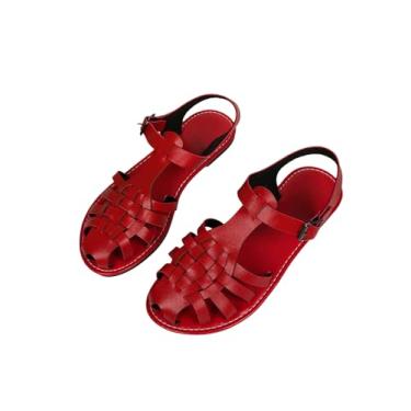 Imagem de GORGLITTER Sandália feminina Mexicanos Huaraches bico fechado tira no tornozelo férias sapatos rasos para caminhada, Vermelho rosa, 39
