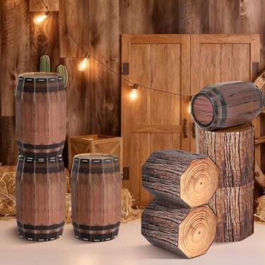 Imagem de AQQHSAIN 4 caixas de decoração de barril de vinho, 4 peças de caixa de toco de árvore falsa, centros de mesa, 8 peças, decorações de festa de caubói ocidental do oeste de papelão, adereços de cabine