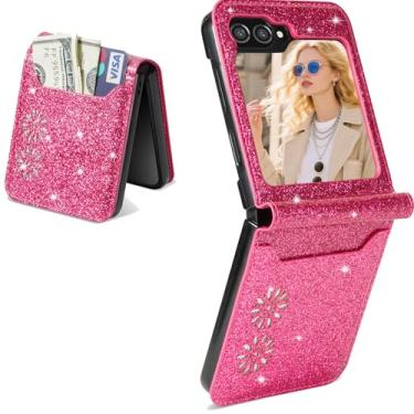 Imagem de Kruysozz Capa para Galaxy Z Flip 6 & Z Flip 5, capa carteira de couro brilhante à prova de choque com suporte para cartão meninas mulheres capa protetora para Samsung Galaxy Z Flip6 e Z Flip5 (rosa